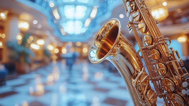 Close-up of a golden saxophone in a blurred luxury hotel lobby.