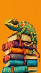 Obraz premium Chameleon perched atop a stack of colorful books