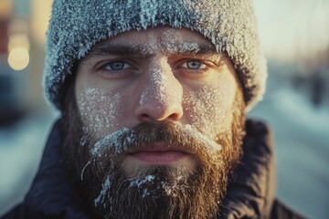 Young man with icy beard and frozen droplets on face in a winter urban setting under soft morning light with empty space for text and frost details