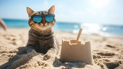 Playful cat wearing sunglasses building a sandcastle, symbolizing creativity and fun, ideal for family-friendly branding or summer campaigns