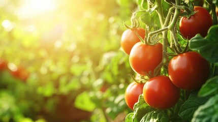 Vibrant red tomatoes ripening on lush green vines in a bright sunny greenhouse showcasing thriving horticultural business and agrarian production.