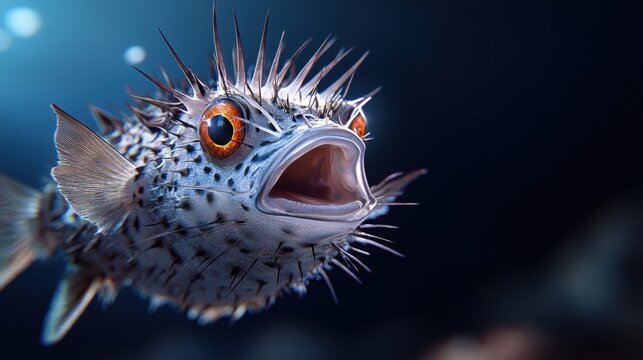 A fish with a mouth wide open and red eyes