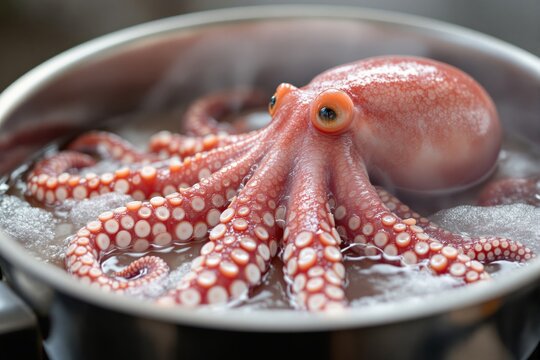 Close-up of a bright pink octopus in a steaming pot of water, surrounded by bubbles. Concept of seafood, cooking process. Ai generative