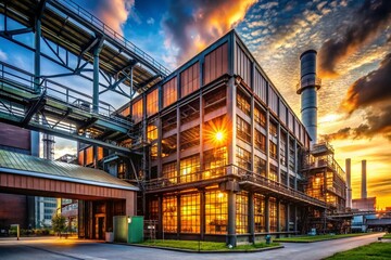 Obraz premium Industrial Architecture: Modern Factory Building Exterior Portrait