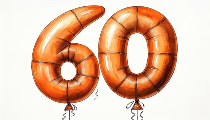 Orange birthday / anniversary balloon, number 60, watercolor painting with white background