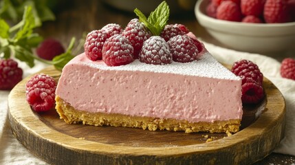 Slice of creamy no-bake raspberry cheesecake