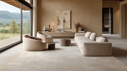 Modern living room with neutral tones and scenic views.