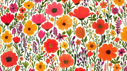 Colorful Floral Pattern with Vibrant Flowers and Green Leaves for Background Design