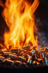 Burning fire pellets. Selective focus