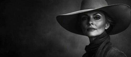Elegant black and white portrait of a woman wearing a large hat set against a soft dark background with ample copy space for text and artistic expression
