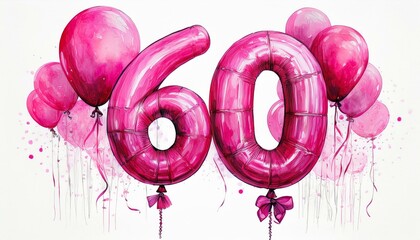 Pink birthday / anniversary balloon, number 60, watercolor painting with white background