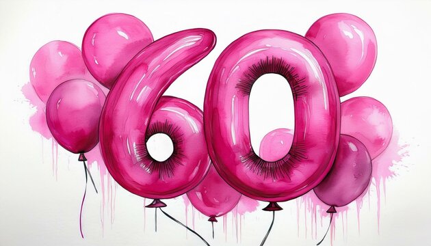 Pink birthday / anniversary balloon, number 60, watercolor painting with white background