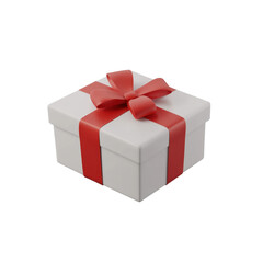 Obraz premium 3D illustration of a white gift box with a red ribbon and bow. The box has a classic and clean design, ideal for festive and special celebrations. Isolated on transparent background, png