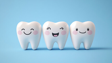 Obraz premium Sweet tooth trio on blue for pediatric dentistry concept