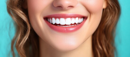 Radiant Smile of Young Curly Woman with Healthy White Teeth Against Soft Blue Background, Promoting Dental Wellness and Whitening Treatment