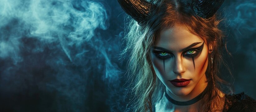 Brunette female witch with theatrical makeup and horned headpiece in moody blue and black foggy atmosphere on dark background with copyspace for text - Powered by Adobe