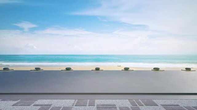 Empty gray concrete floor in sea view city park. 3d rendering of outdoor stage with beach and blue sky background.