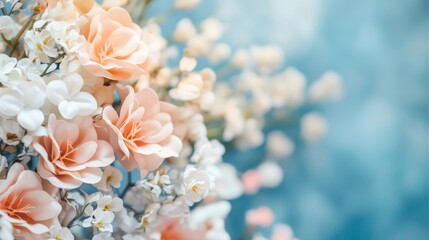 Obraz premium Delicate pastel-colored floral arrangement featuring soft pink and white blooms against a blurred turquoise background, ideal for springtime decor and floral design concepts.