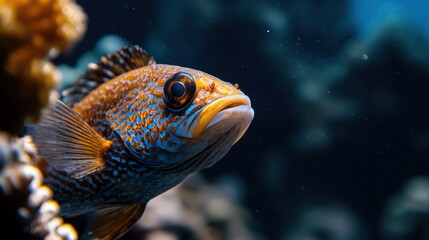 Fototapeta premium A fish with a blue and orange body is swimming in the ocean