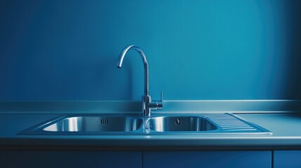 Modern kitchen sink installation showcasing stainless steel fixtures and a vibrant blue wall background with ample space for text overlay.