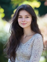 Naklejka premium Happy young brunette woman with long hair posing outdoors against a blurred vibrant green and soft bokeh background ideal for text overlay.