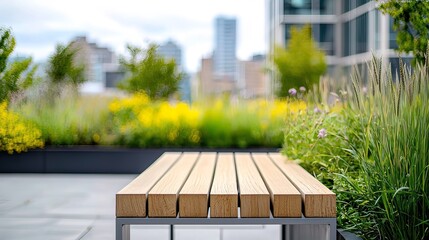 Modern wooden bench in a rooftop garden with city view.