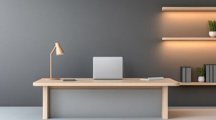 Modern office setup with a desk, laptop, and shelves.