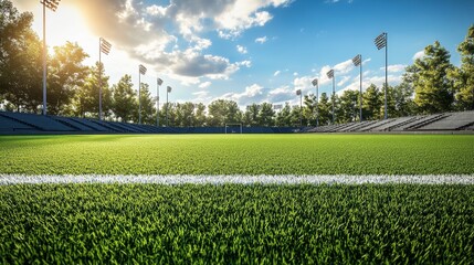 Vast Football Pitch with Green Grass and Stadium Lights in Sunlight, Photorealistic Sports Background