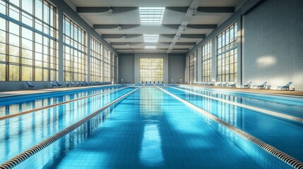 Fototapeta premium Serene Olympic-Sized Swimming Pool with Crystal Clear Blue Water and Sunlit Glass Windows, Photorealistic