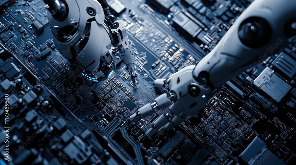 Fototapete Robotic hands interacting with a circuit board, showcasing advanced technology and engineering.