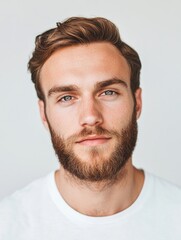 Fototapeta premium Handsome young man with a well-groomed beard and striking blue eyes on a bright white background offering ample empty space for text and design elements