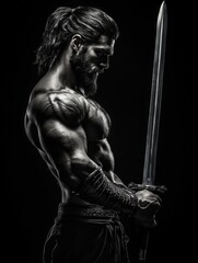 Obraz premium Muscular gladiator with sword in profile against a black studio background highlighting defined muscles and contrast for dramatic effect