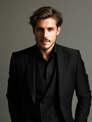 Fototapeta premium Sophisticated portrait of a stylish young man in a sleek black suit against a smooth grey backdrop with ample empty space for text or branding.