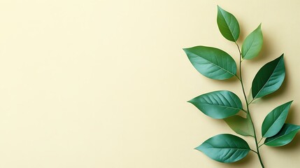 Green leaves branch on pale yellow background