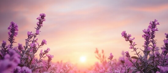 Obraz premium Lavender flowers in vibrant purple hues against a serene sunset sky, expansive empty space for text, field landscape, soft pastel colors