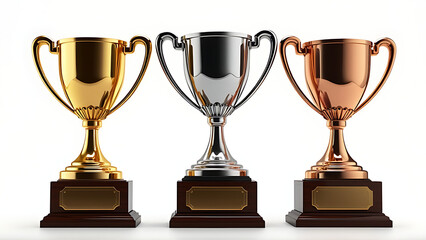 Set of Gold, Silver, and Bronze Trophy Cups for Winners &ndash; Isolated on White Background
