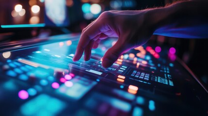 A closeup of hands interacting with a sophisticated product demo at a tech showcase showcasing the innovation and excitement of new gadgets.