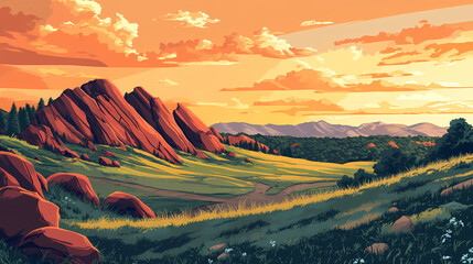 Colorado red rocks. sunrise panoramic landscape in red rocks park near denver. Foothill. Illustration