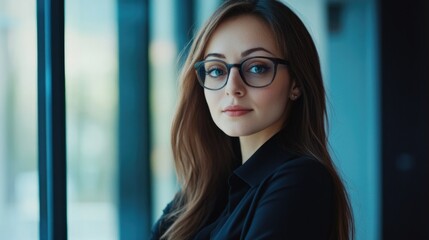 Confident businesswoman with glasses standing against large windows in a modern office, warm lighting and ample copyspace for text, professional portrait.