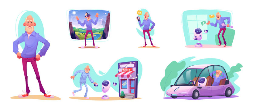 Collection of old man character interacting with AI technology and friendly artificial intelligence