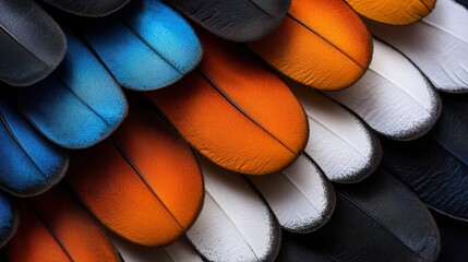 Obraz premium A close up of a bird's feathers with a blue, orange, and white stripe