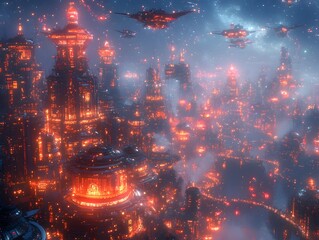 Futuristic Neon Lit Cityscape with Towering Skyscrapers and Aerial Transportation Network