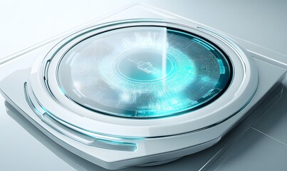 Futuristic circular interface with glowing blue light.