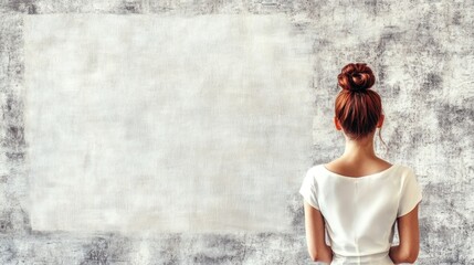 Obraz premium Young businesswoman in white outfit contemplating her business plan against a textured gray wall with ample empty space for text and ideas.