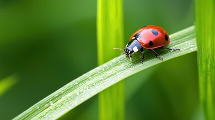 Obraz premium A ladybug is sitting on a green leaf