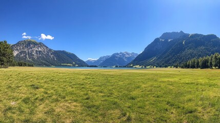 Fototapeta premium Scenic panorama of mountains and a grassy field under a clear blue sky.