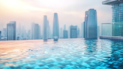 Fototapeta premium Rooftop infinity pool overlooking a hazy cityscape at sunset.
