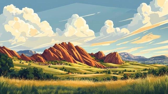 Colorado red rocks park at sunrise in denver with foothills landscape. Foothill. Illustration