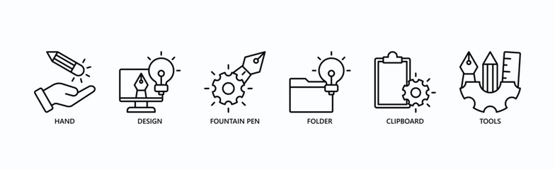 Obraz premium Crafting Ideas Toolkit Icon Set Isolated Vector Illustration Concept With Icon Of Hand, Design, Fountain Pen, Folder, Clipboard, Tools In Outline Style