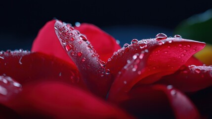 A close up of a red flower with droplets of water on it
